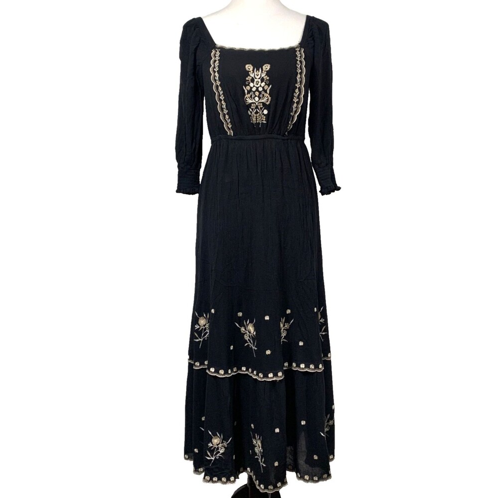 Indulge InStyle Vtg Y2K Milkmaid Maxi Dress S Black Embroidered Peasant